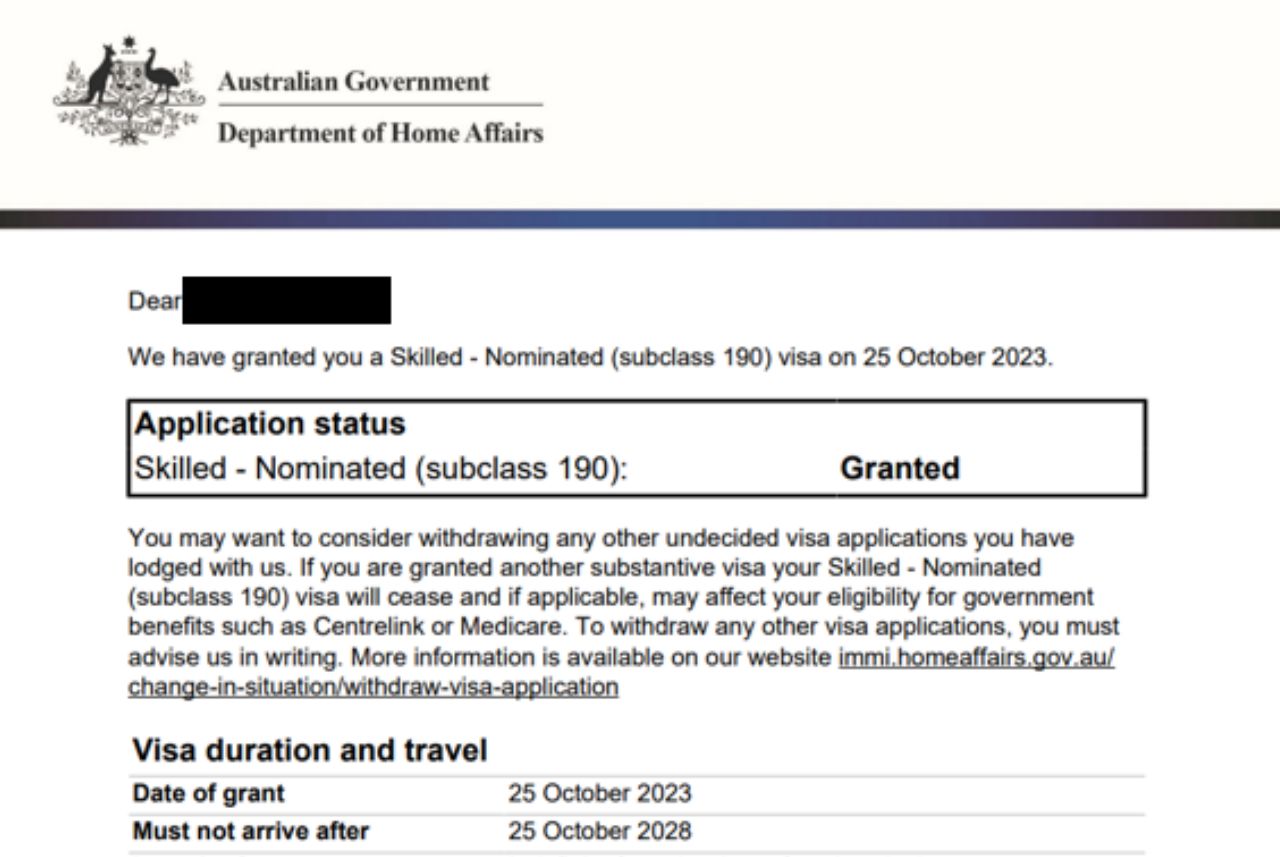 Visa grant - Skilled Nominated Visa (subclass 190)